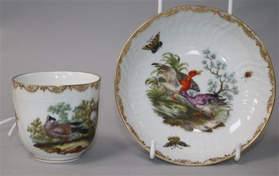 A Berlin cup and saucer, painted with birds and insects